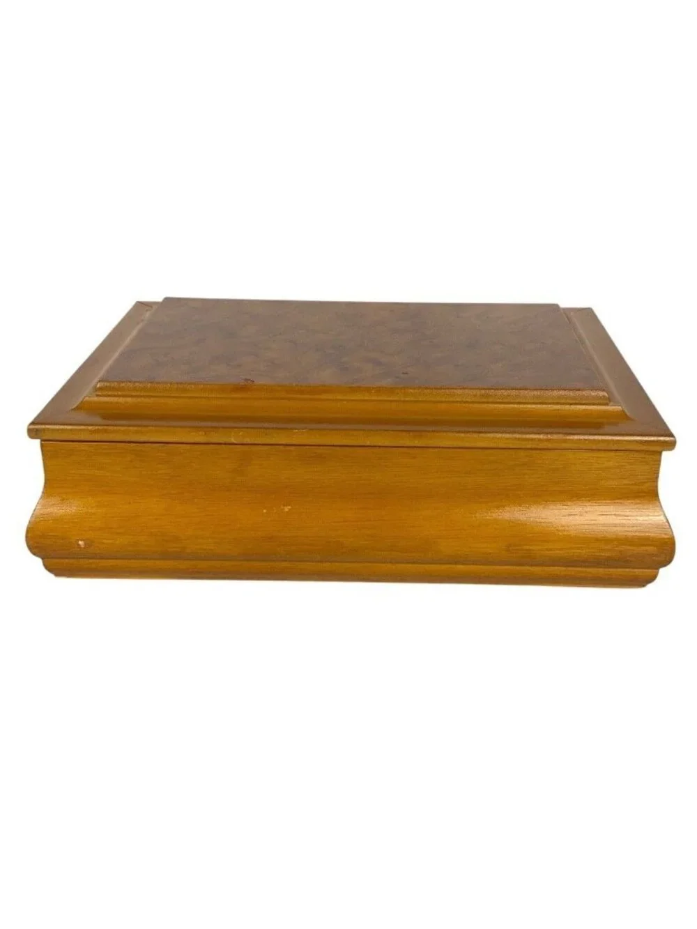 Blonde Wood Jewelry Box Burl Veneer Lid 2 Tiers Velvet Lining Mirror 1980s